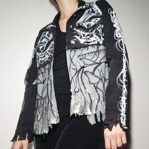 One-of-a-kind handmade grunge / punk shredded butterfly painted denim jacket